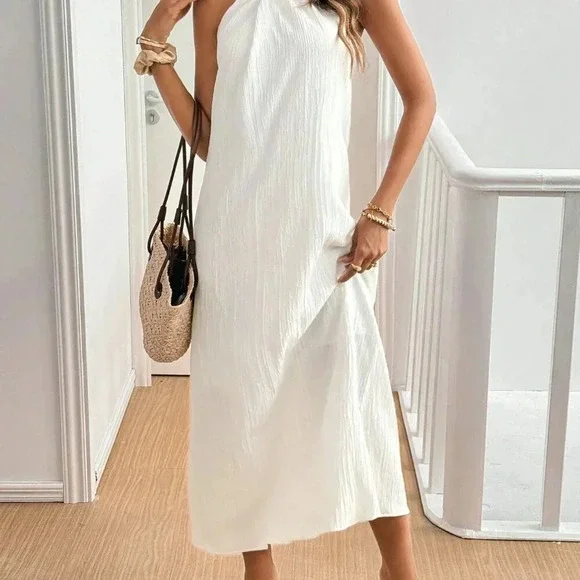 White Casual Women's Summer Solid Color Cross Halter Neck Straight Loose Dress - Picture 4 of 7